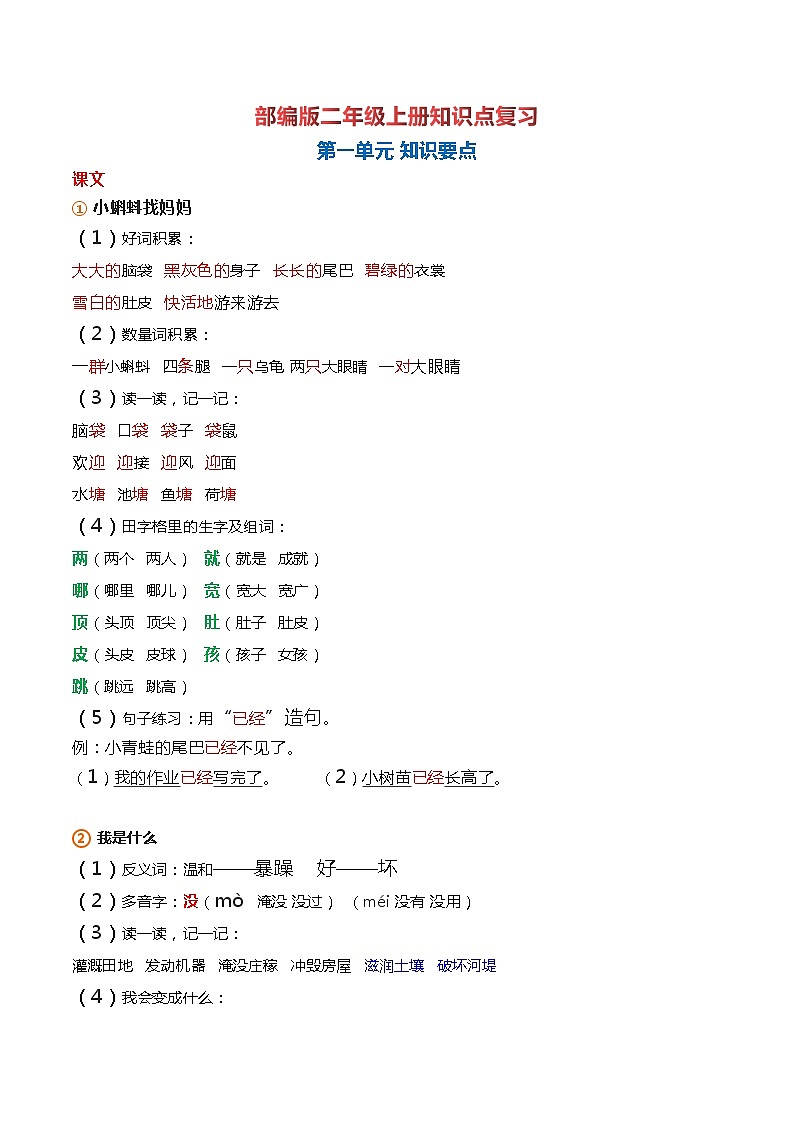 部编版二年级语文上册各单元知识点总结期末复习01