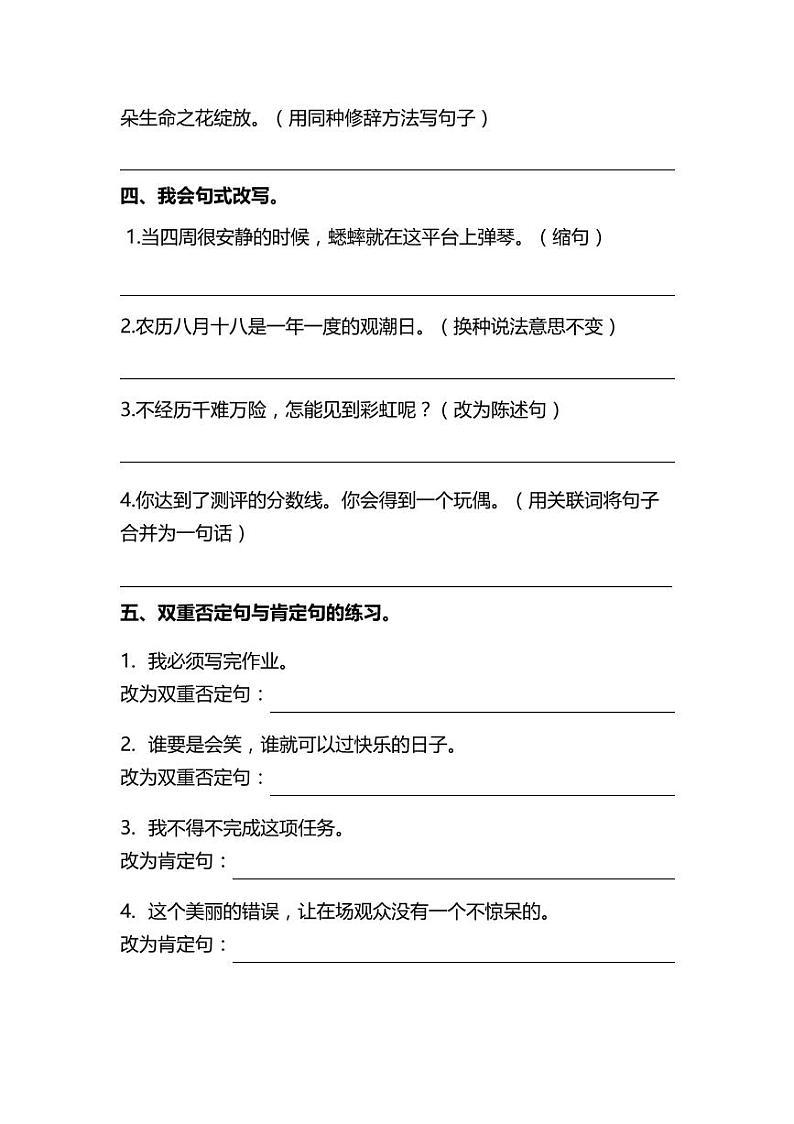 部编版四年级语文上册重点句考查专项练习训练（pdf）第2页