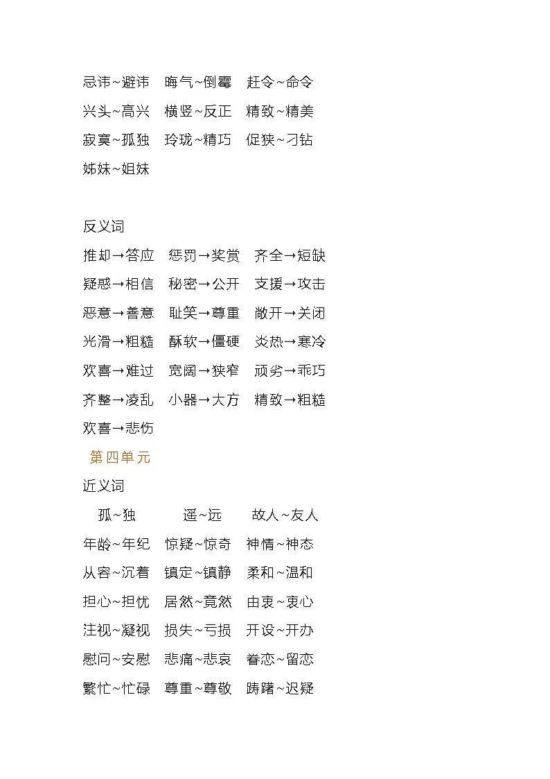 部编版语文五年级下册近义词反义词汇总 学案03