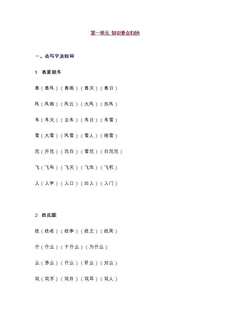 统编版一年级语文下册第1单元知识总结梳理第1页