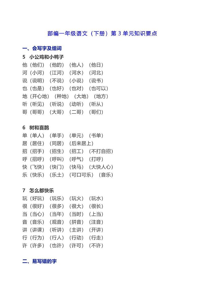部编1-6年级语文下册第三单元知识汇总 学案01