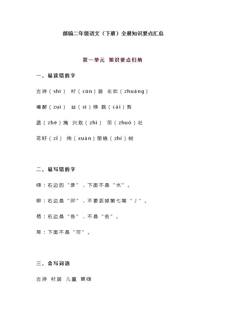 统编二年级语文下册全册知识要点汇总01