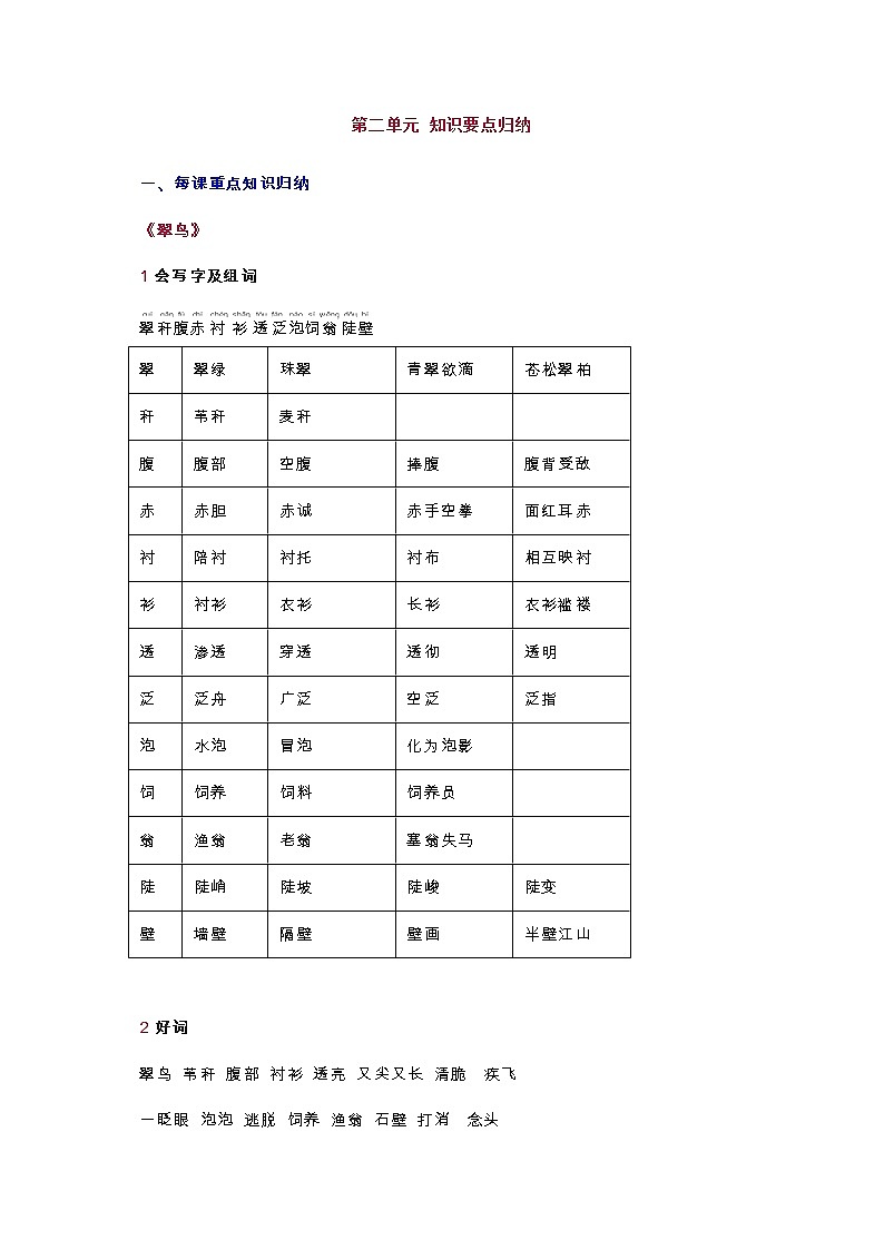 统编版三年级语文下册第2单元知识总结梳理01