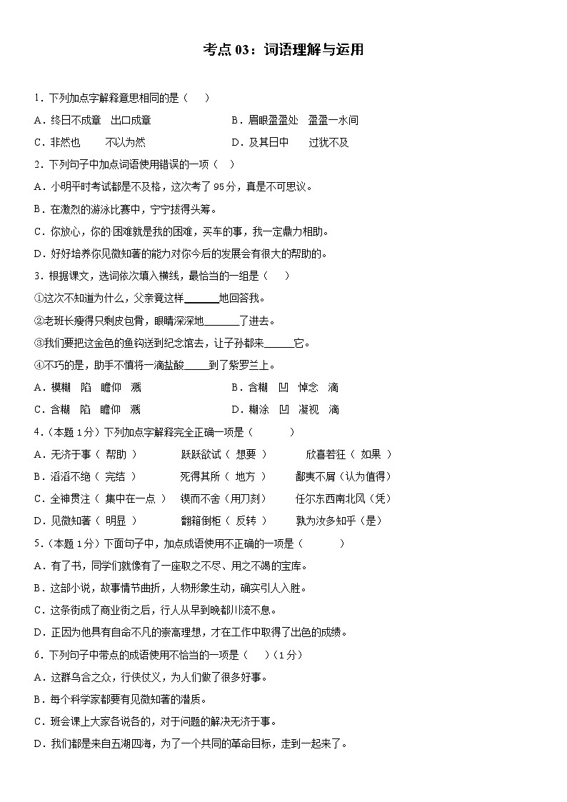 【寒假冲刺】小升初必考考点考点03：词语理解与运用（部编版，有答案） 试卷01