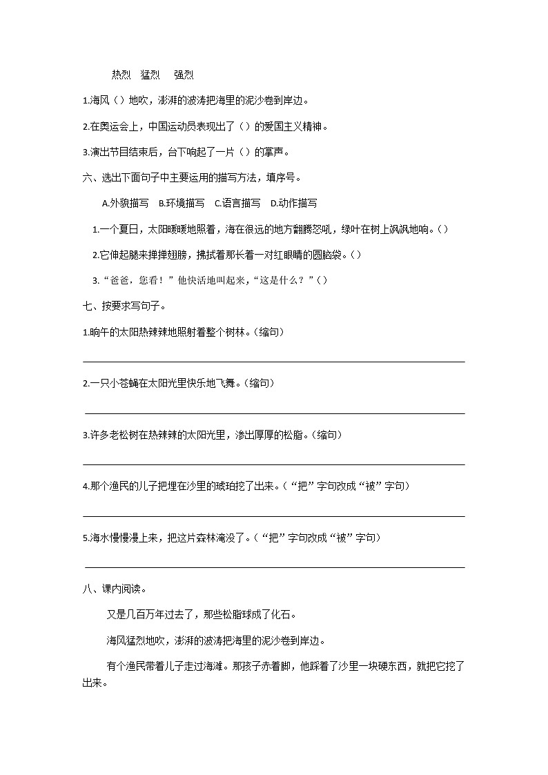 四年级下册语文第二单元第5课琥珀同步练习题02