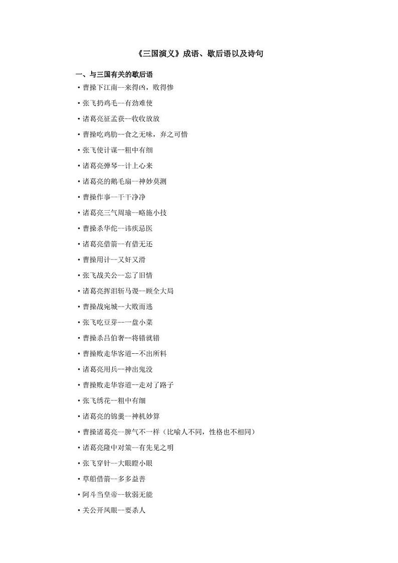 小升初关于三国演义的成语和歇后语 试卷01