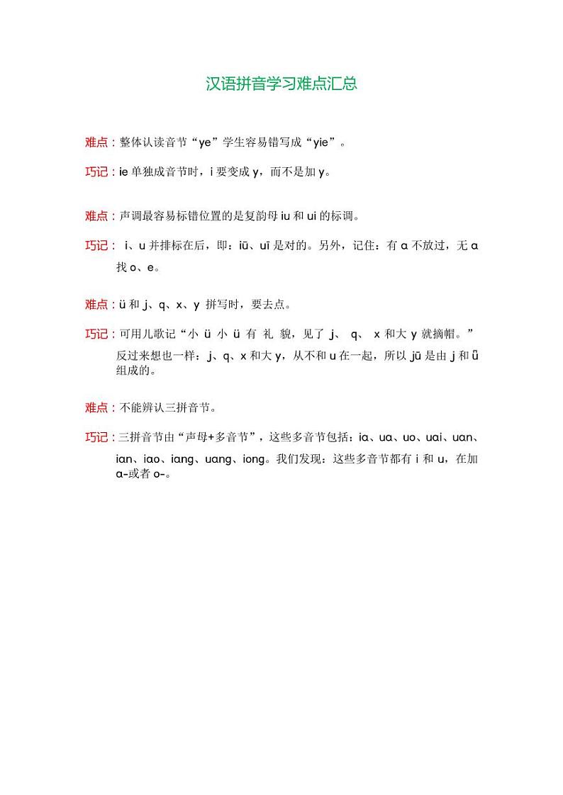 小升初汉语拼音学习难点汇总 试卷01
