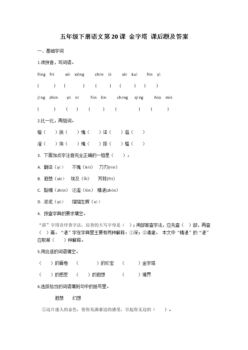 五年级下册语文第20课金字塔课后题及答案01