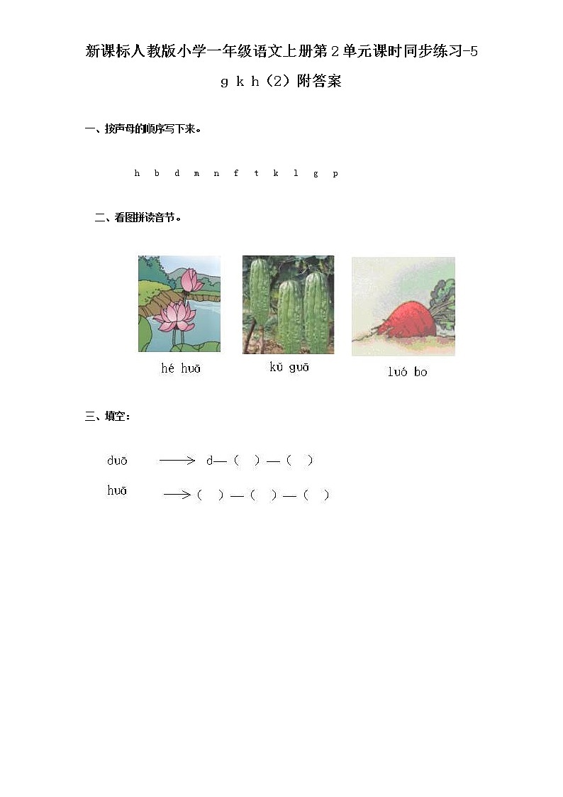 人教版部编一年级上册语文汉语拼音5《ɡ k h》练习题01