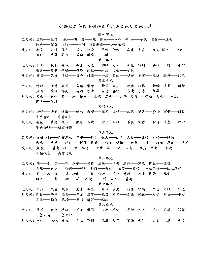 部编版二年级语文下册近义词反义词第1页
