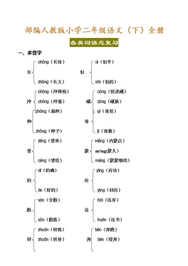 部编版二年级语文下册全册各类词语总复习 学案01