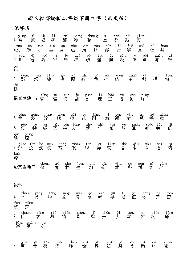 部编版二年级语文下册生字（所有均注音正式版） 学案01