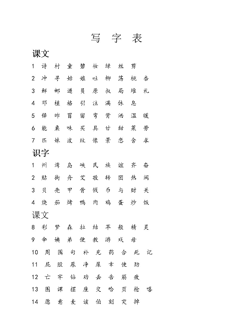 部编版二年级语文下册生字表写字表词语表 学案03