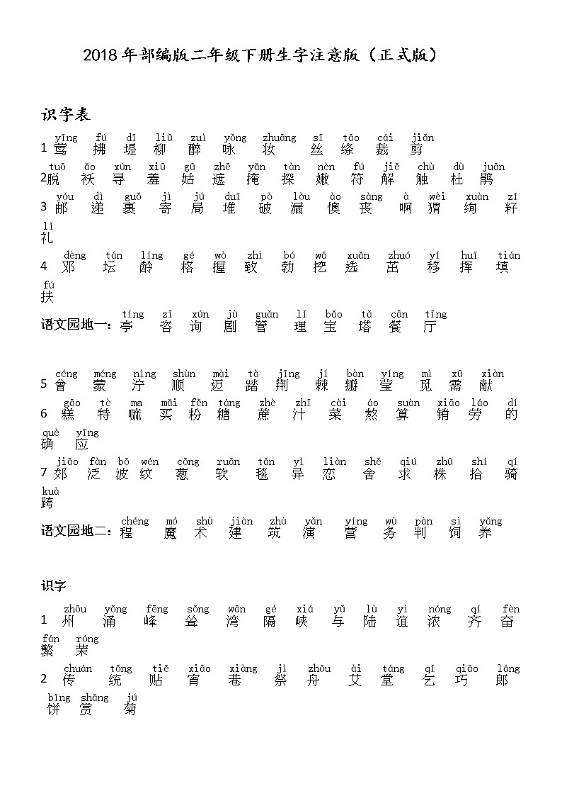 部编版二年级语文下册生字总汇(所有均注音正式版) 学案01