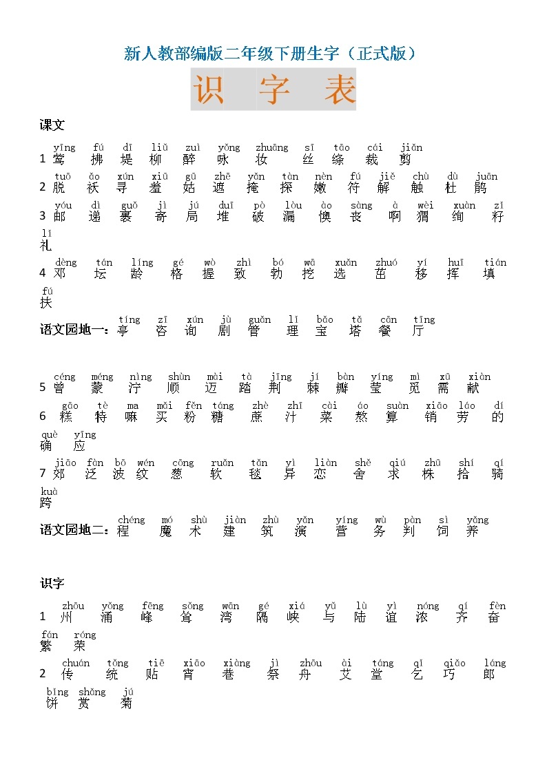 部编版二年级语文下册生字带拼音（识字+写字+词语表） 学案01