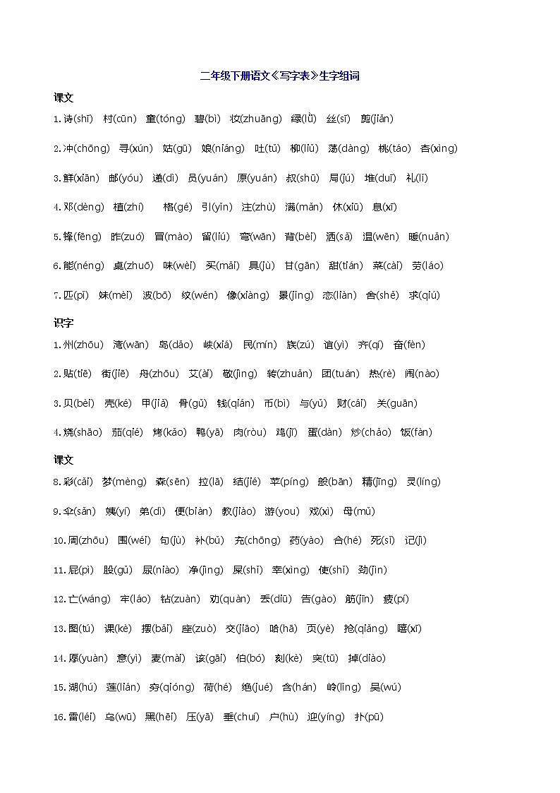 部编版二年级语文下册写字表生字组词汇总（含拼音版） 学案01