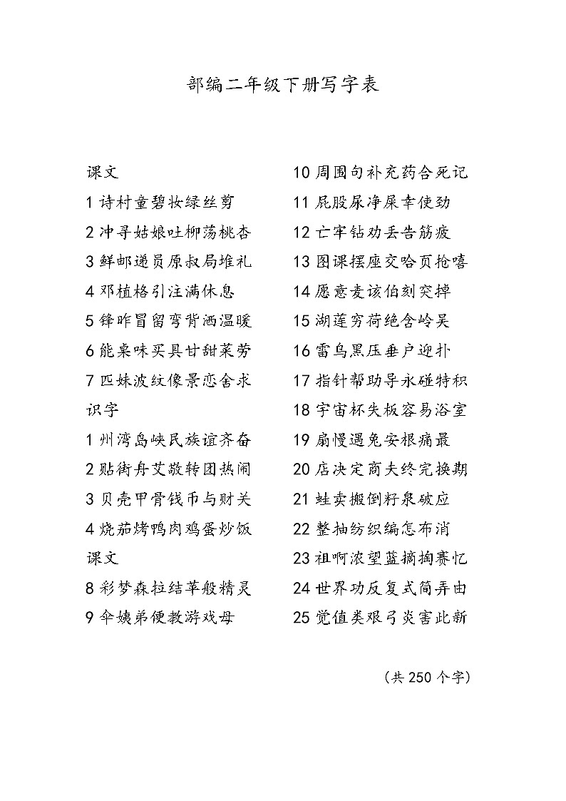 部编版二年级语文下册写字表和词语表写字表第1页
