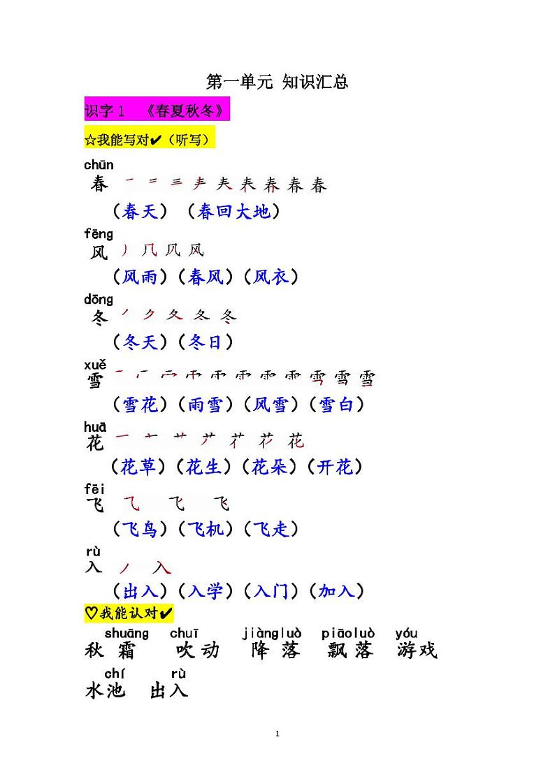 部编本语文一年级下册第一单元知识汇总 学案01