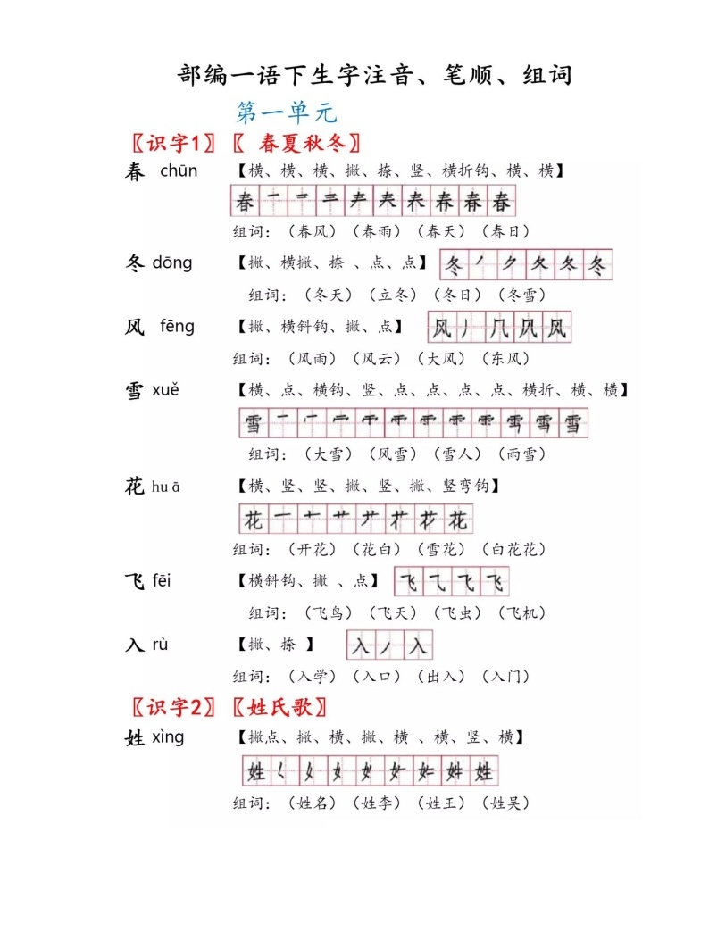部编版一年级语文下册1_8单元生字注音、笔顺、组词大汇总-教习网|学案下载