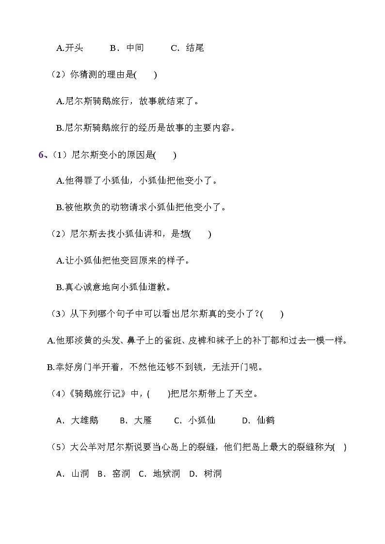 第六课《骑鹅旅行记》课时练 人教部编版（含答案解析）六年级下册语文试题02