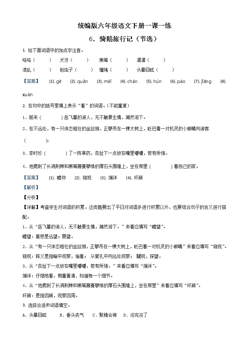 部编版语文六年级下册6 骑鹅旅行记 精品练习卷01