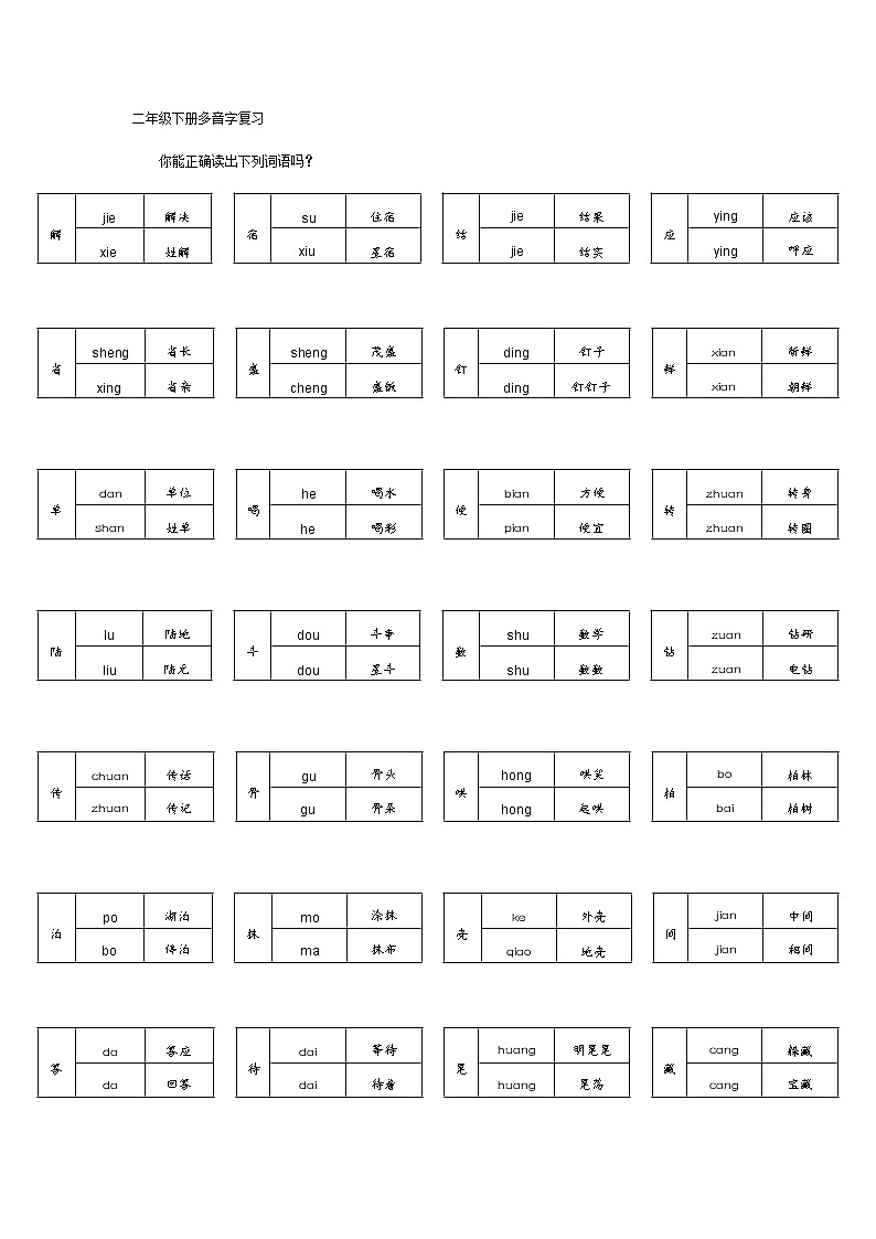 部编版二年级语文下册多音字复习 试卷01