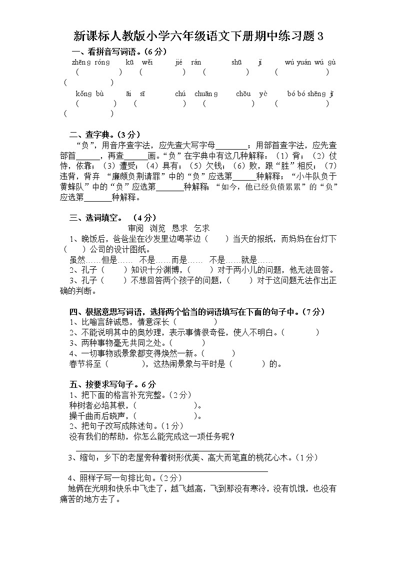 （含答案）人教新课标语文六年级下学期期中测试卷301