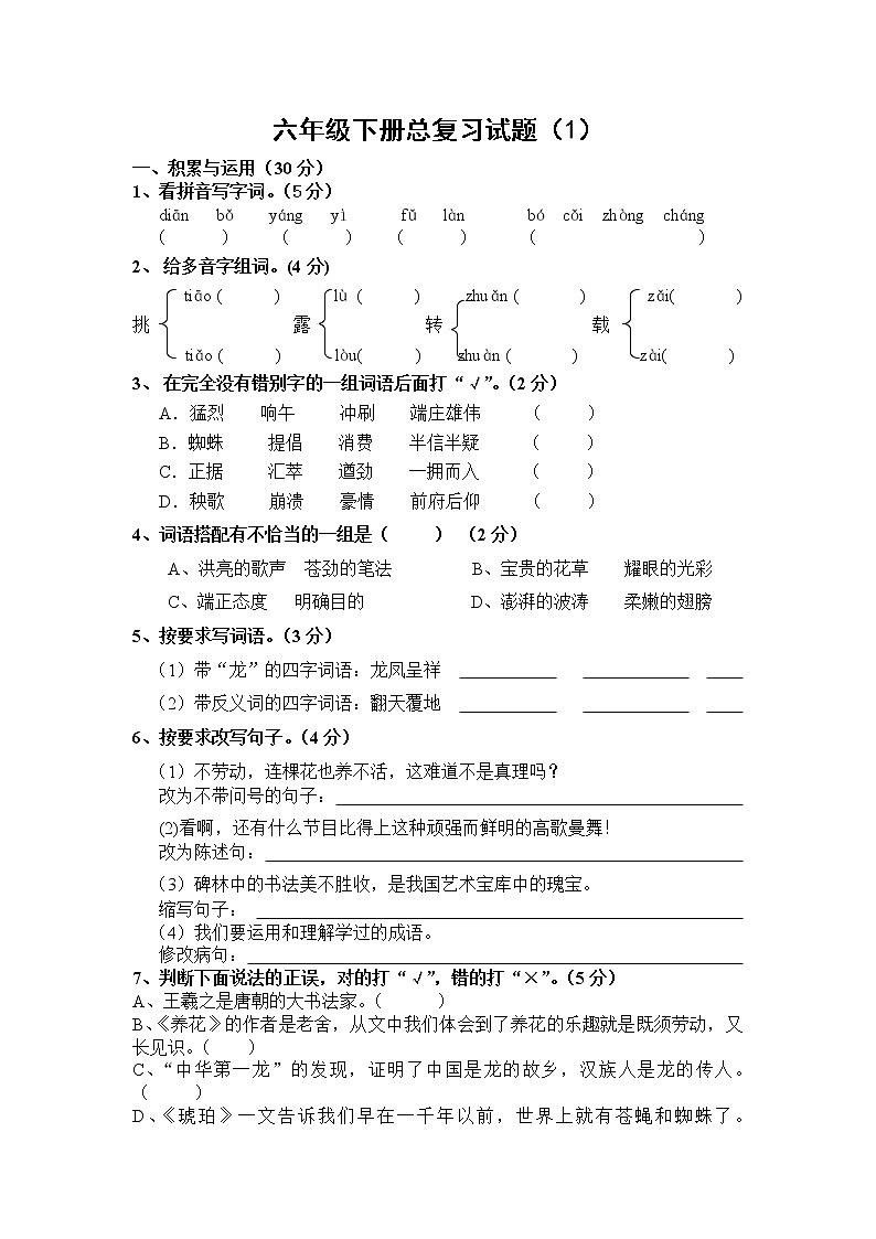 （含答案）人教新课标语文六年级下学期总复习试卷 (1)01