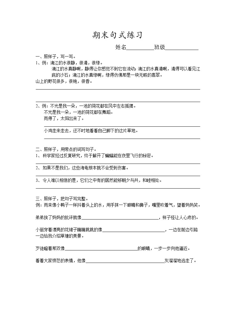 四年级语文下册专项练习：句式练习  复习01