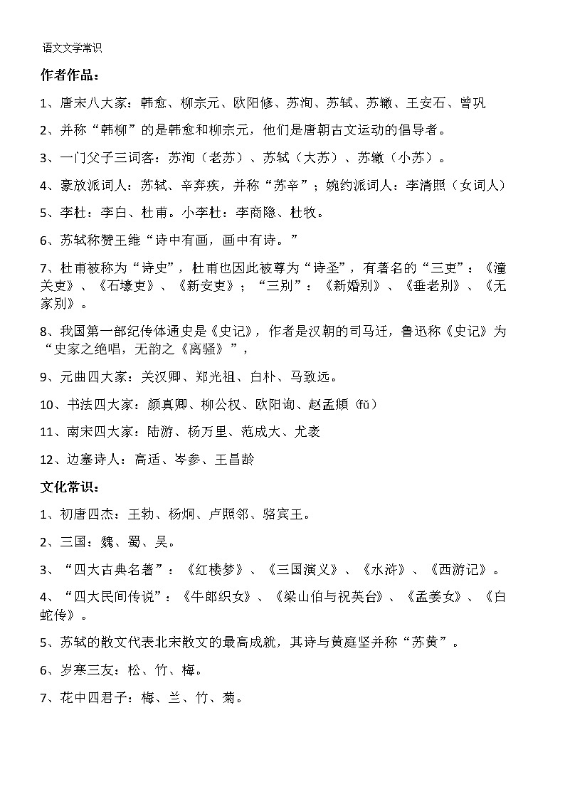 人教部编版小学六年级下册语文文学常识1 试卷01