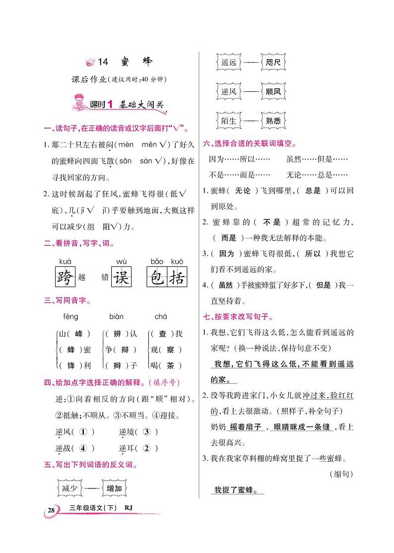 三年级下册语文一课一练-14蜜蜂 人教（部编版）（图片版，含答案）01