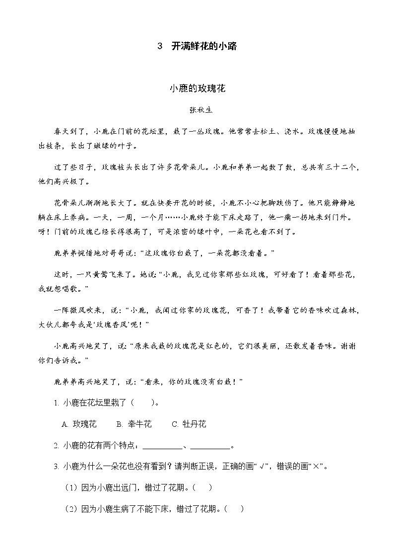 人教部编版二年级下册语文阅读专项训练 3 开满鲜花的小路 （word版，有答案）01
