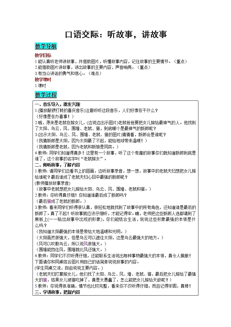 2021部编版语文一年级下册 第1单元 口语交际：听故事，讲故事 教案01