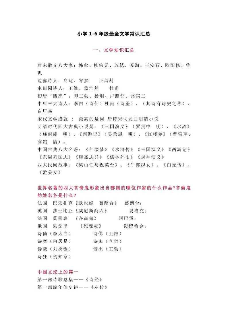 文博教育——小学1-6年级最全文学常识汇总第1页