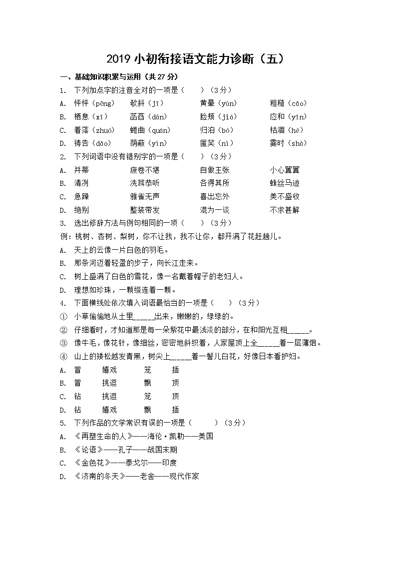 小初衔接语文能力诊断（五）第1页