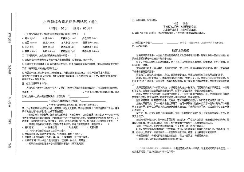 小升初综合素质评价测试题第四次模考01
