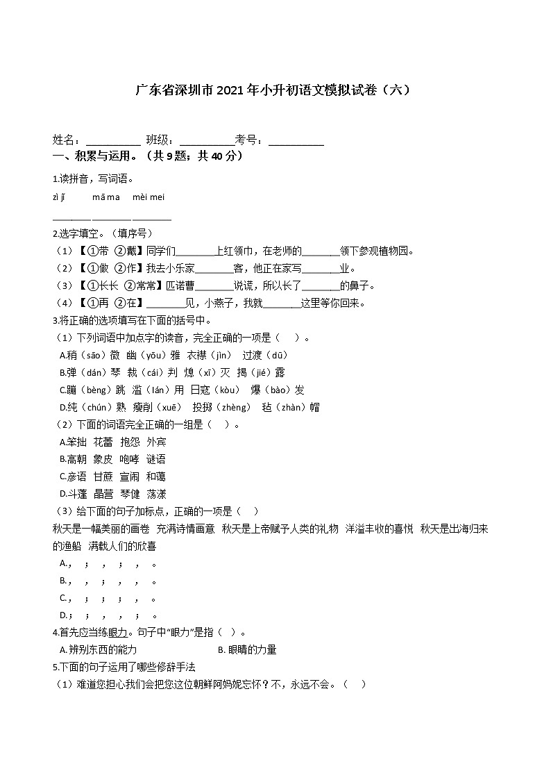 六年级语文下册试题 广东省深圳市2020-2021学年小升初语文模拟试卷（六）（含答案）部编版01