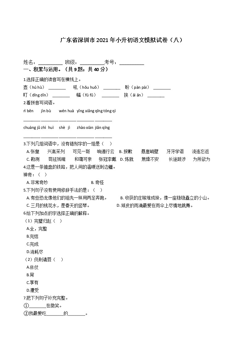 六年级语文下册试题 广东省深圳市2020-2021学年小升初语文模拟试卷（八）（含答案）部编版第1页