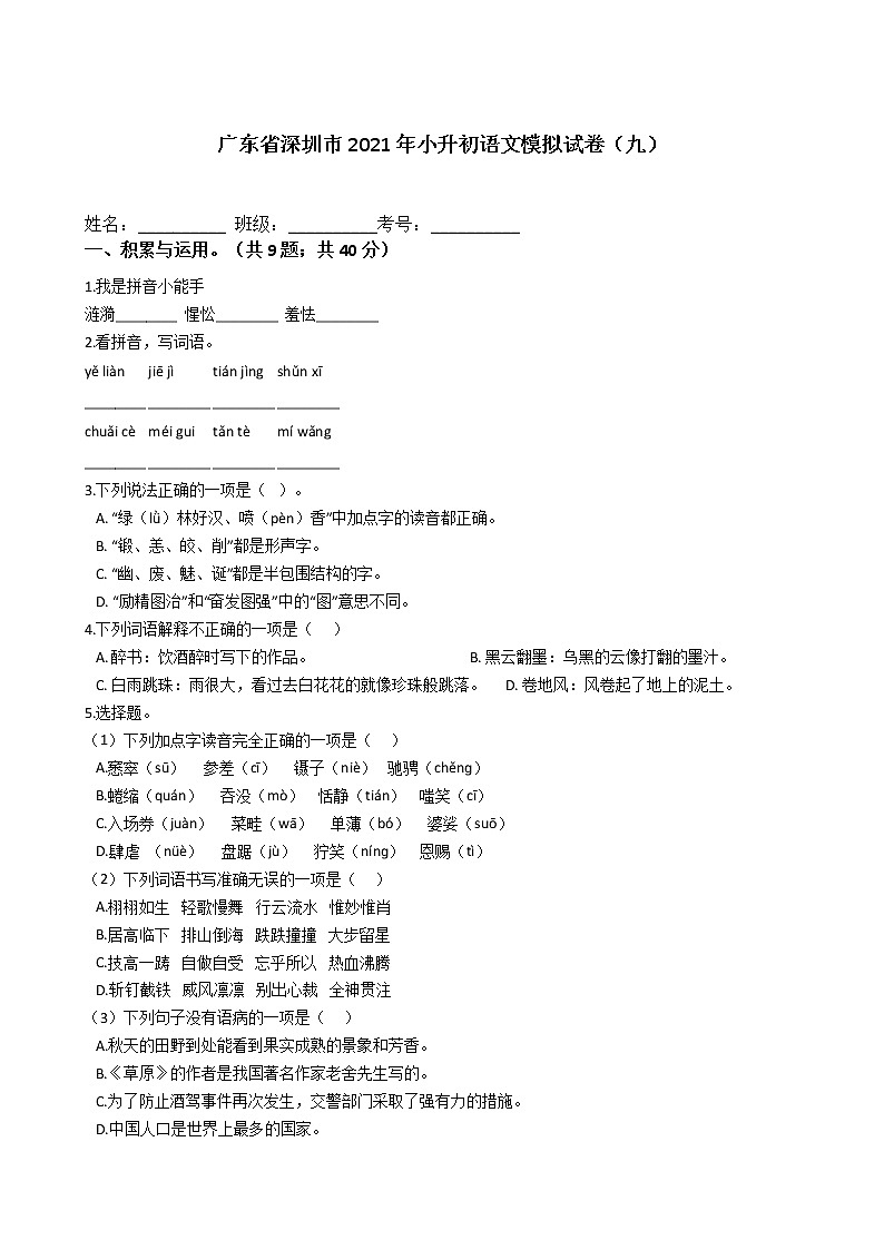 六年级语文下册试题 广东省深圳市2020-2021学年小升初语文模拟试卷（九）（含答案）部编版01