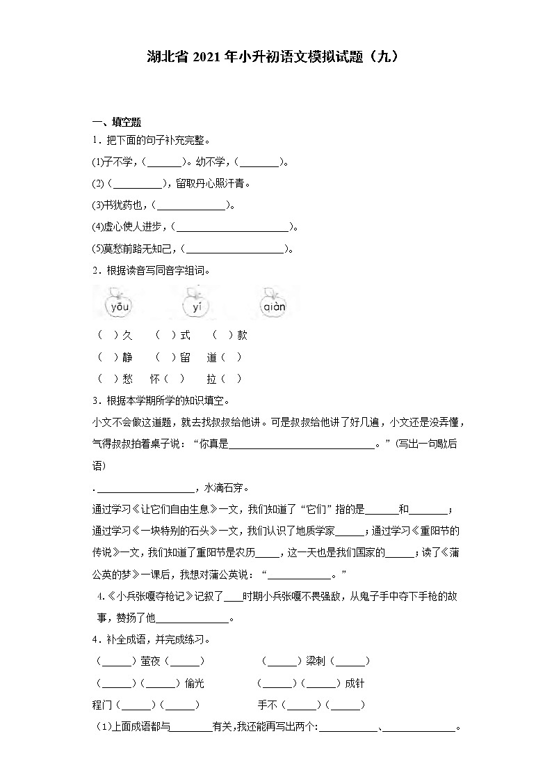 六年级下册语文试题  湖北省2021年小升初语文模拟试题（九）（含答案）部编版第1页