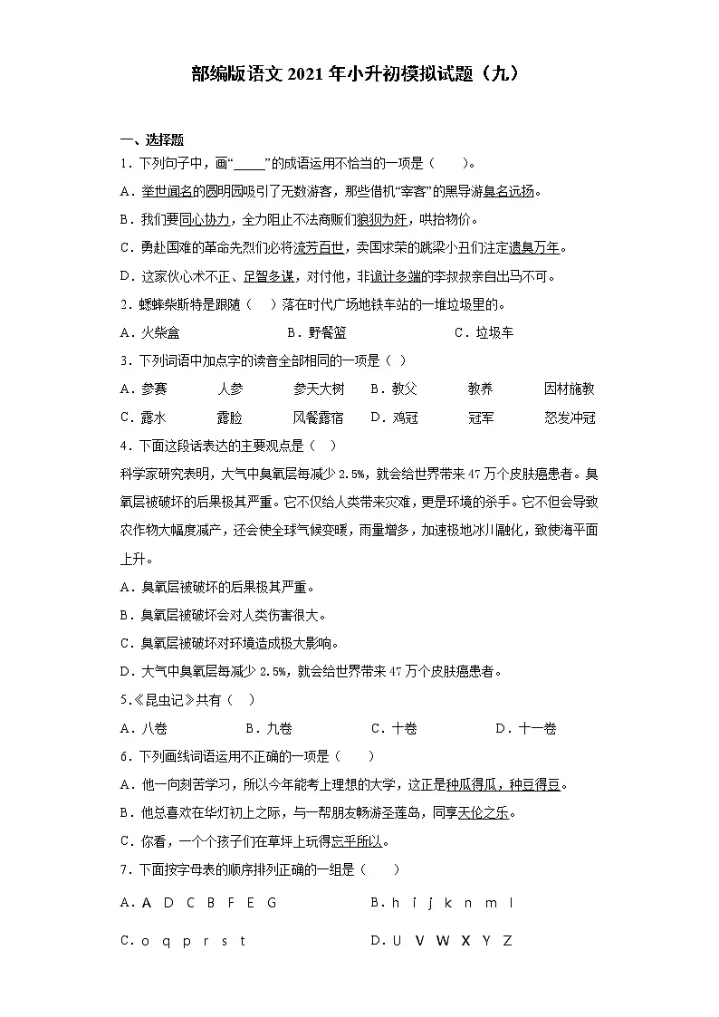 六年级下册语文试题-2021年小升初模拟试题（九）含答案部编版第1页