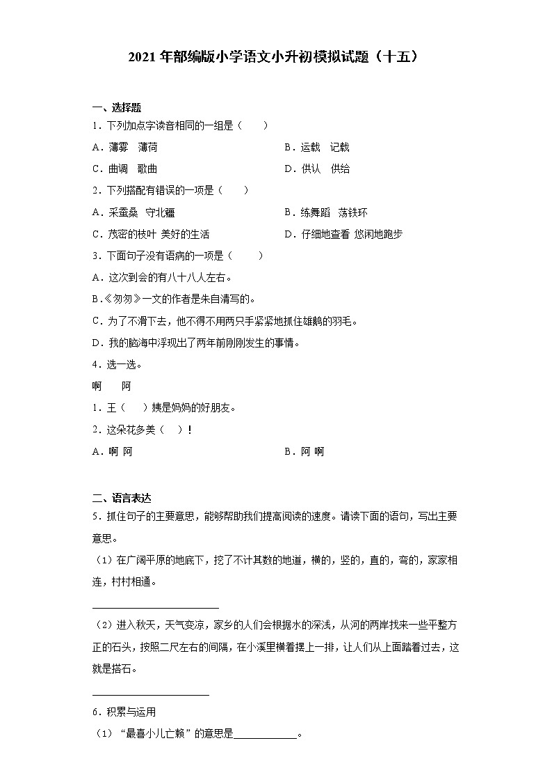 六年级下册语文试题  2020-2021学年小升初模拟试题（十五） （含答案）部编版01