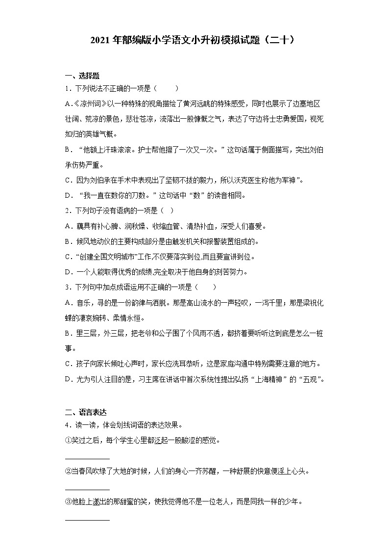 六年级下册语文试题  2020-2021学年小升初模拟试题（二十） （含答案）部编版01