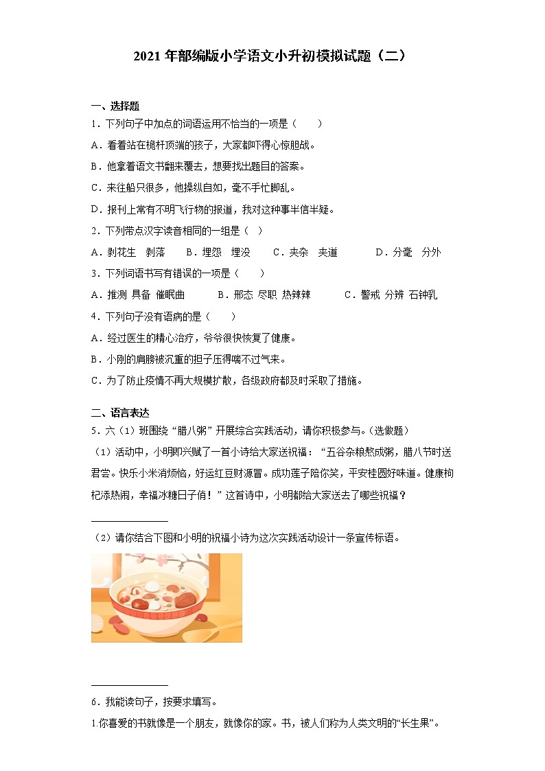 六年级下册语文试题  2020-2021学年小升初模拟试题（二） （含答案）部编版01