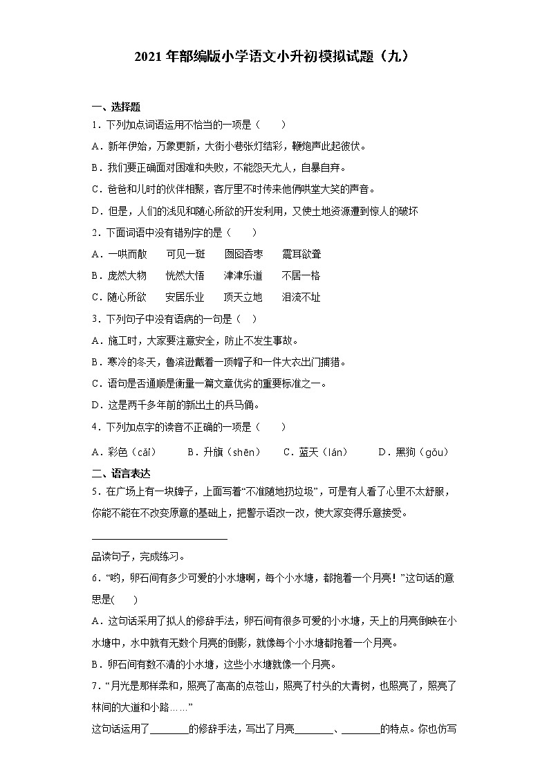 六年级下册语文试题 2020-2021学年小升初模拟试题（九） （含答案）部编版第1页