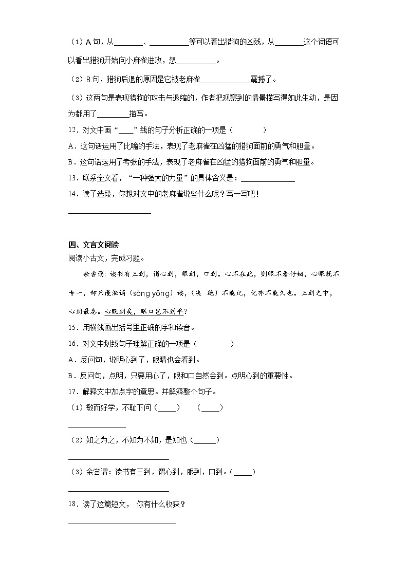 六年级下册语文试题  2020-2021学年小升初模拟试题（四） （含答案）部编版03