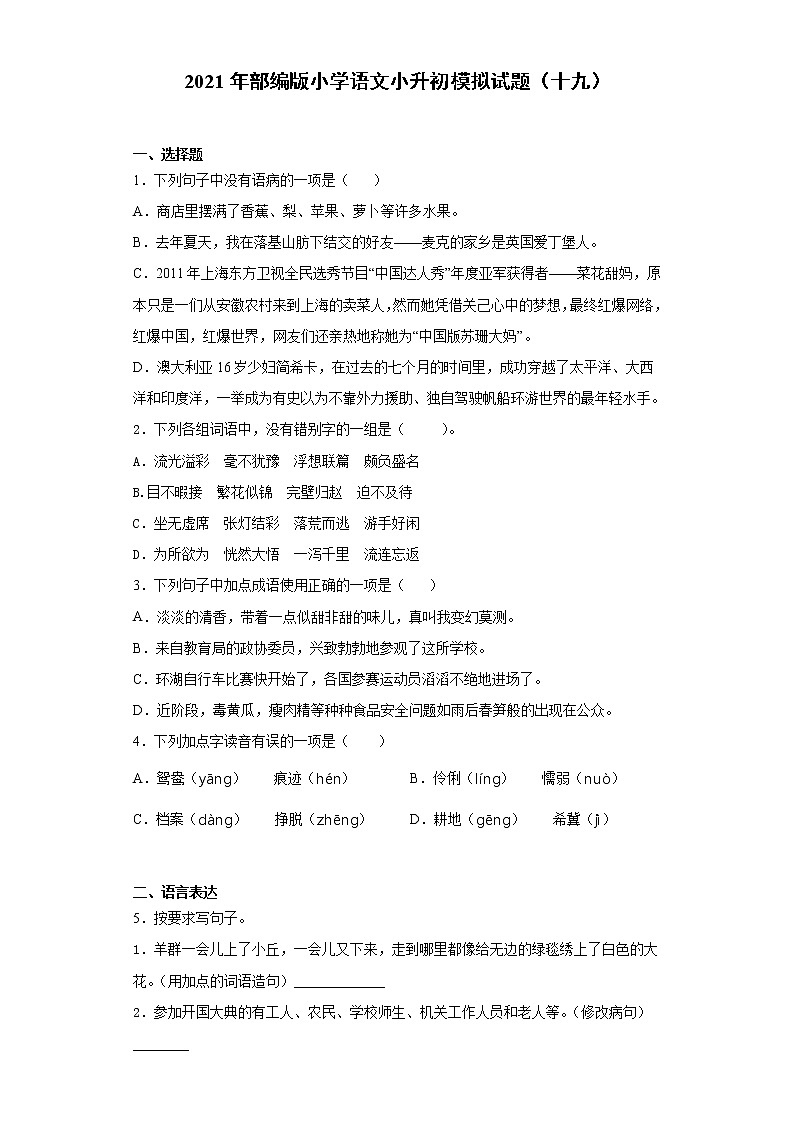 六年级下册语文试题  2020-2021学年小升初模拟试题（十九） （含答案）部编版01