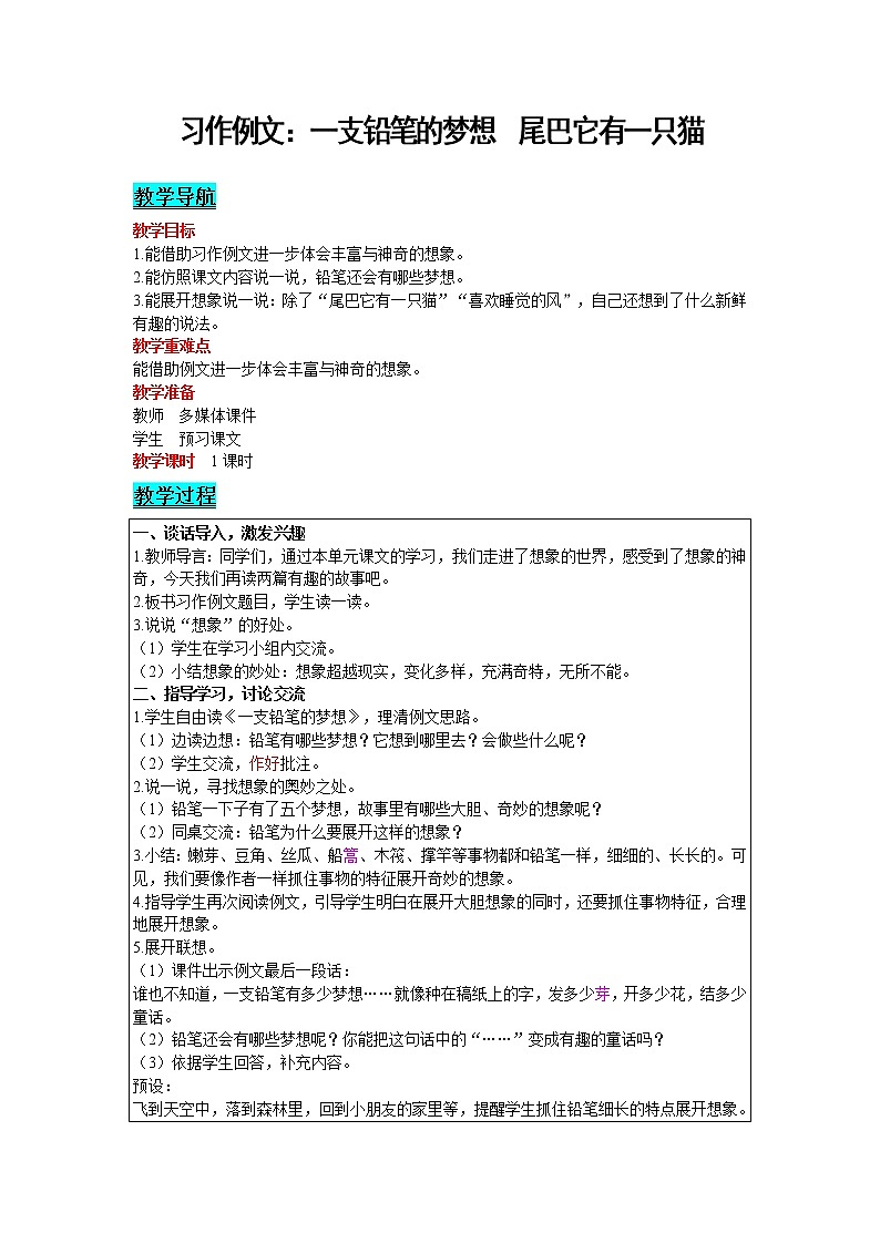 2021部编版语文三年级下册 第5单元 习作例文：一支铅笔的梦想  尾巴它有一只猫 精品教案01