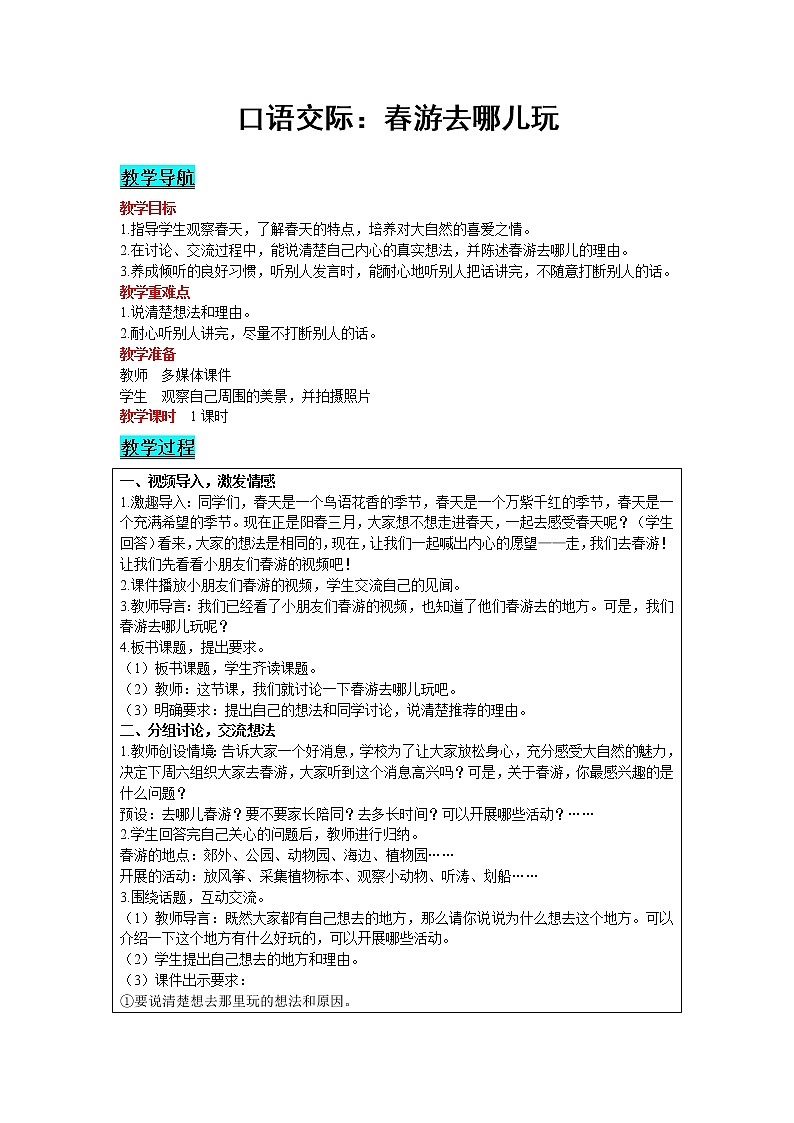2021部编版语文三年级下册 第1单元 口语交际：春游去哪儿玩 精品教案01