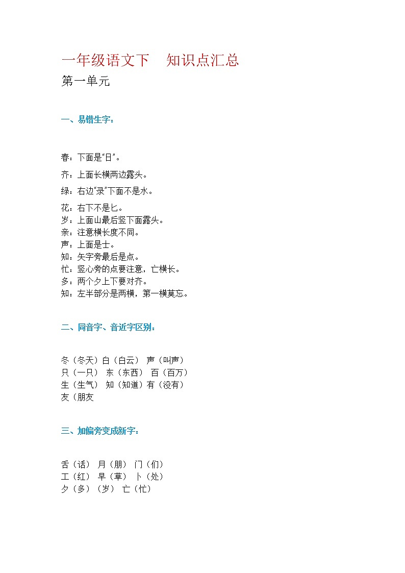 一年级语文（下册）知识归纳  人教版第1页